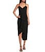 Color:Black - Image 1 - Monique V-Neck Spaghetti Strap Sleeveless Ruffle Asymmetrical Hem Midi Dress