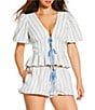 Gianni Bini x Cyd Morris The Abigail Stripe Print V-Neck Short Sleeve Tie Front Coordinating Blouse - Image 1