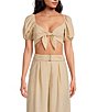 Color:Khaki - Image 3 - x Jess Southern Beau Woven Tie Front Puff Sleeve Coordinating Cropped Blouse