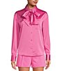 Color:Flamingo - Image 4 - x Jess Southern Bowie Hammer Satin Point Collar Tie Neck Button Down Long Sleeve Coordinating Blouse