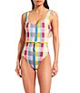 Color:Multi - Image 4 - x Jess Southern Garden Plaid Ruffled Back Chain Belt One Piece Swimsuit