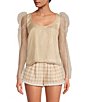 Color:Khaki - Image 2 - x Jess Southern Phayre Scoop Neck Organza Long Puff Sleeve Blouse