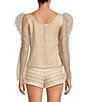 Color:Khaki - Image 3 - x Jess Southern Phayre Scoop Neck Organza Long Puff Sleeve Blouse
