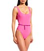 Color:Pink - Image 2 - x Jess Southern Solid Ribbed Ruffle Back Chain Belt One Piece Swimsuit