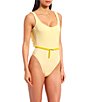 Color:Buttercup Yellow - Image 3 - x Jess Southern Solid Ribbed Ruffle Back Chain Belt One Piece Swimsuit