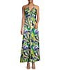 Color:Green/Ivory - Image 1 - Zenya Satin Swirl Pattern Cut-Out Halter Maxi Dress