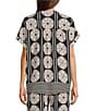 Gibson & Latimer Coordinating Fan Print Woven Split Round Dropped Short Roll Tab Sleeve Hi-Low Shirttail Blouse, Color:Black/Pebble - Image 2