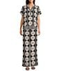 Gibson & Latimer Coordinating Fan Print Woven Split Round Dropped Short Roll Tab Sleeve Hi-Low Shirttail Blouse, Color:Black/Pebble - Image 3