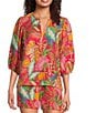 Gibson & Latimer Coordinating Floral Printed Split V-Neck 3/4 Puff Sleeve Top, Color:Rose/Mutli - Image 1