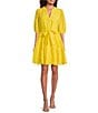 Gibson & Latimer Eyelet Split Round Neck Elbow Puff Sleeve Button Down Belted Scallop Hem Pocketed A-Line Dress, Color:Sunlight - Image 1