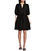 Color:Black - Image 1 - Eyelet Split Neck Puff Sleeve Button Down Belted Scallop Hem A-Line Dress