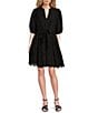 Gibson & Latimer Eyelet Split Round Neck Elbow Puff Sleeve Button Down Belted Scallop Hem Pocketed A-Line Dress, Color:Black - Image 1