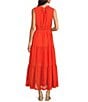 Gibson & Latimer Eyelet Woven Ruched Mock Neck Sleeveless Tie at Waist Tiered A-Line Flounce Maxi Dress, Color:Tangerine - Image 2