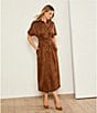 Gibson & Latimer Faux Suede Point Collar Short Dolman Sleeve Button Front Ruched Fit and Flare Shirt Midi Dress, Color:Honeywood - Image 4