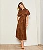 Gibson & Latimer Faux Suede Point Collar Short Dolman Sleeve Button Front Ruched Fit and Flare Shirt Midi Dress, Color:Honeywood - Image 5