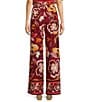Color:Red - Image 2 - Flared Leg Pleated Floral Print Regular Rise Coordinating Pants