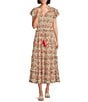 Color:Khaki/Multi - Image 1 - Floral Printed Ruffle Neck Cap Sleeve Tiered Maxi Dress