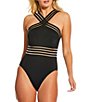 Gibson & Latimer Illusion Solid Banded High Neck One Piece Swimsuit - Image 1