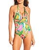 Gibson & Latimer Jungle Life V-Neck Wide Band Halter One Piece Swimsuit, Color:Multi - Image 1