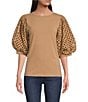 Color:Nugget - Image 1 - Knit Crew Neck Short Eyelet Puff Sleeve Shirt