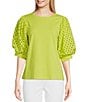 Color:Apple Green - Image 1 - Knit Crew Neck Short Eyelet Puff Sleeve Top