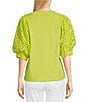 Color:Apple Green - Image 2 - Knit Crew Neck Short Eyelet Puff Sleeve Top