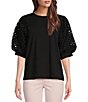 Color:Black - Image 1 - Knit Crew Neck Short Eyelet Puff Sleeve Shirt
