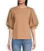 Color:Nugget - Image 1 - Knit Crew Neck Short Eyelet Puff Sleeve Top