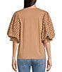 Color:Nugget - Image 2 - Knit Crew Neck Short Eyelet Puff Sleeve Top