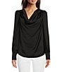 Color:Black - Image 1 - Long Shirred Blouson Sleeve Cowl Neck Woven Top