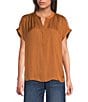Gibson & Latimer Moonshadow Satin Split Round Neck Dropped Short Roll Tab Sleeve Hi-Low Shirttail Blouse, Color:Terra - Image 1