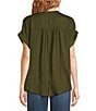 Gibson & Latimer Moonshadow Satin Split Round Neck Dropped Short Roll Tab Sleeve Hi-Low Shirttail Blouse, Color:Deep Moss - Image 2