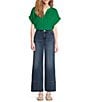 Gibson & Latimer Moonshadow Satin Split Round Neck Dropped Short Roll Tab Sleeve Hi-Low Shirttail Blouse, Color:Kelly Green - Image 3