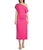 Color:Lipstick Pink - Image 1 - Asymmetric One Shoulder Off-the-Shoulder Short Sleeve Ruched Midi Knit Dress
