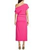 Color:Lipstick Pink - Image 2 - Asymmetric One Shoulder Off-the-Shoulder Short Sleeve Ruched Midi Knit Dress