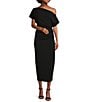 Color:Black - Image 1 - Asymmetric One Shoulder Short Sleeve Ruched Midi Knit Dress
