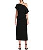 Color:Black - Image 1 - Asymmetric One Shoulder Off-the-Shoulder Short Sleeve Ruched Midi Knit Dress