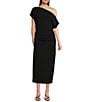 Gibson & Latimer Crepe Knit Asymmetric Neck One Shoulder Off-the-Shoulder Short Sleeve Ruched Sheath Midi Dress, Color:Black - Image 1