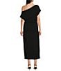 Gibson & Latimer Crepe Knit Asymmetric Neck One Shoulder Off-the-Shoulder Short Sleeve Ruched Sheath Midi Dress, Color:Black - Image 2