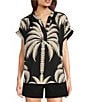Gibson & Latimer Palm Tropical Print Moonshadow Satin Split Round Neck Dropped Short Roll Tab Sleeve Hi-Low Shirttail Blouse, Color:Black/White - Image 1