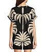 Gibson & Latimer Palm Tropical Print Moonshadow Satin Split Round Neck Dropped Short Roll Tab Sleeve Hi-Low Shirttail Blouse, Color:Black/White - Image 2