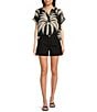 Gibson & Latimer Palm Tropical Print Moonshadow Satin Split Round Neck Dropped Short Roll Tab Sleeve Hi-Low Shirttail Blouse, Color:Black/White - Image 3