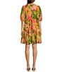 Color:Multi - Image 2 - Palm Printed Eyelet Split Round Neck Elbow Puff Sleeve Button Down Belted Scallop Hem A-Line Dress
