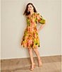 Color:Multi - Image 4 - Palm Printed Eyelet Split Round Neck Elbow Puff Sleeve Button Down Belted Scallop Hem A-Line Dress