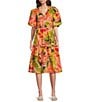 Color:Multi - Image 1 - Palm Printed Eyelet V-Neck Short Puff Sleeve Tiered A-Line Midi Dress