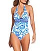Gibson & Latimer Porcelain V-Neck Halter One Piece Swimsuit, Color:Bright Royal - Image 1
