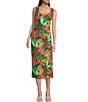 Color:Tropical - Image 1 - Printed Sleeveless Square Neck Ruched Side Knit Midi Sheath Dress