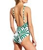 Color:Green - Image 3 - Rainforest Palms Lace-Up Plunge V-Neck One Piece Swimsuit