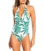 Gibson & Latimer Rainforest Palms V-Neck Wide Band Halter One Piece Swimsuit, Color:Green - Image 1