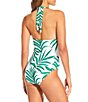 Gibson & Latimer Rainforest Palms V-Neck Wide Band Halter One Piece Swimsuit, Color:Green - Image 2